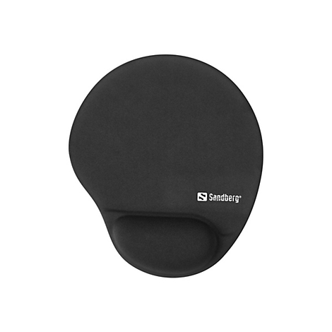 Schwarzes ergonomisches Mauspads mit Handballenauflage und Sandberg Logo.
