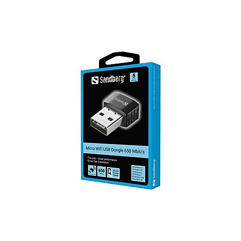 Blaue Verpackung mit Sandberg Micro WiFi USB Dongle. Aufdruck: 650 Mbit/s, Treiberfreie Installation.
