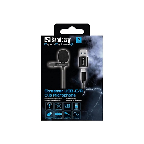 Sandberg Ansteckmikrofon in Originalverpackung mit USB-C und USB-A Anschluss.