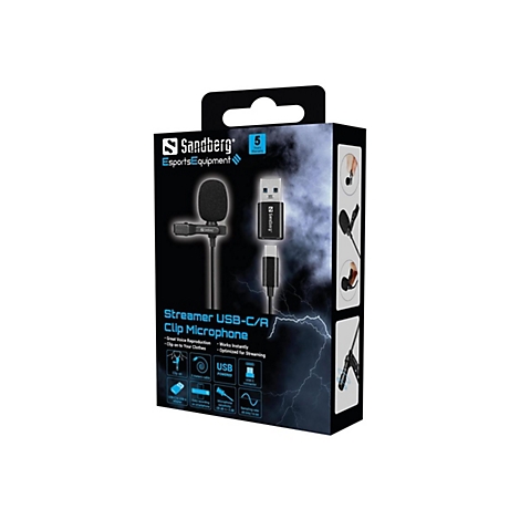 Verpackung eines schwarzen Sandberg USB-C/A Ansteckmikrofons vor dunklem Hintergrund mit Blitzdesign.