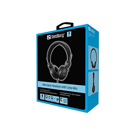Schwarzes Sandberg MiniJack Headset auf blauem Karton mit Produktinformationen.