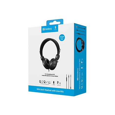 Produktverpackung eines schwarzen Sandberg MiniJack Headsets mit Mikrofon auf weißem Hintergrund.