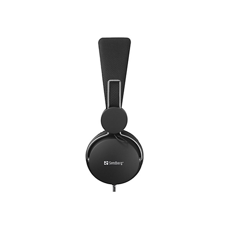 Schwarzer Kopfhörer mit Sandburg Logo. Oben ein gepolsterter Bügel.