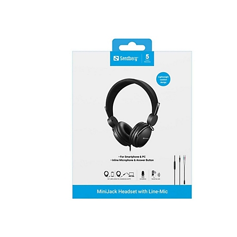 Sandberg MiniJack Headset in schwarzer Verpackung mit Produktbild und technischen Details.