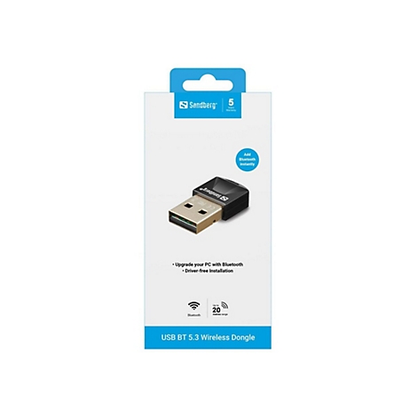 Sandberg USB BT 5.3 Wireless Dongle in weißer Verkaufsverpackung.