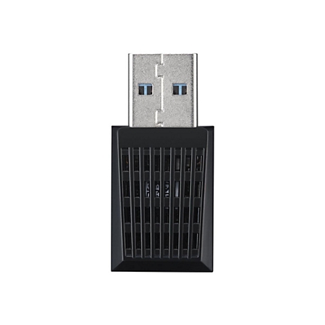 Schwarzer USB-Adapter mit metallischem Stecker und gerippter, kunststoffartiger Oberfläche vor weißem Hintergrund.