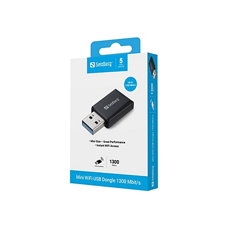 Produktverpackung für einen Sandberg Mini WiFi USB-Dongle mit 1300 Mbit/s.