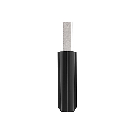 Schwarzer USB-C-Stecker mit glänzender Oberfläche vor weißem Hintergrund.