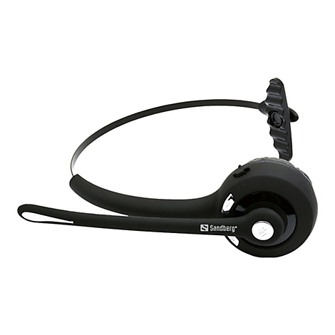 Schwarzes Headset auf weißem Hintergrund. Mit Ohrbügel, Mikrofonarm und Sandberg-Logo.