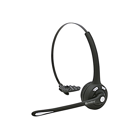 Schwarzes Bluetooth-Headset von Sandberg. Das Headset besteht aus einem Kopfbügel, einem Lautsprecher und einem Mikrofon.