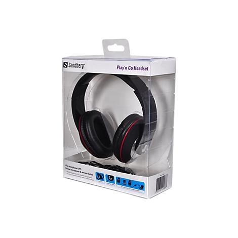 Schwarzes Play'n Go Headset in einer transparenten Verpackung, Logo Sandberg.