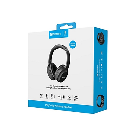 Verpackung des schwarzen Sandberg Play'n Go Wireless Headsets mit Produktabbildung und technischen Icons.