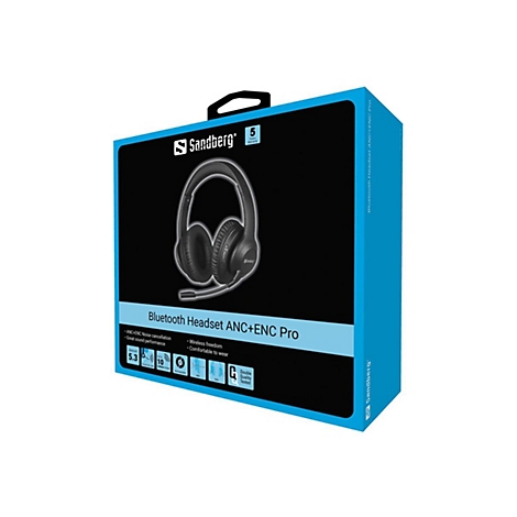 Sandberg Bluetooth Headset ANC+ENC Pro in seiner blauen Verkaufsverpackung.
