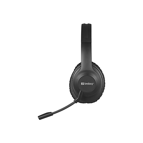 Schwarzes Headset mit Mikrofon auf weißem Hintergrund. Auf der Ohrmuschel steht Sandberg.