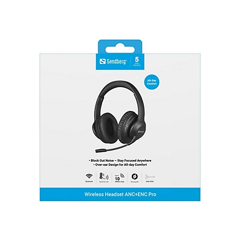 Schwarzes Sandberg Wireless-Headset in Produktverpackung mit Angaben zu Bluetooth, Reichweite und Geräuschunterdrückung.