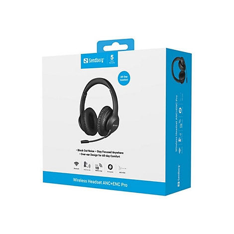 Verkaufsverpackung eines schwarzen Sandberg Wireless Headset ANC+ENC Pro mit Produktdetails.