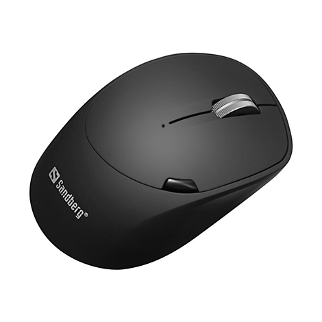 Schwarze Computermaus mit silbernem Mausrad, Marke Sandberg. Auf weißem Hintergrund.