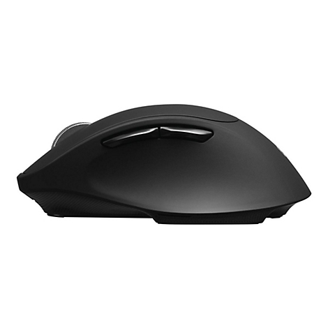 Schwarze kabellose Computermaus in Seitenansicht vor weißem Hintergrund.