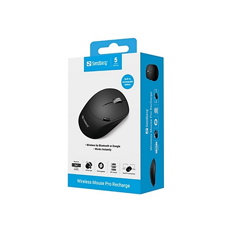 Verpackung der schwarzen kabellosen Sandberg Mouse Pro Recharge mit Produktabbildung und technischen Merkmalen.