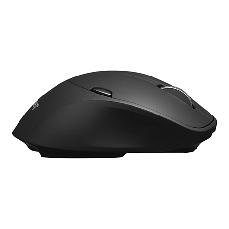 Schwarze kabellose Computermaus in der Seitenansicht vor weißem Hintergrund.