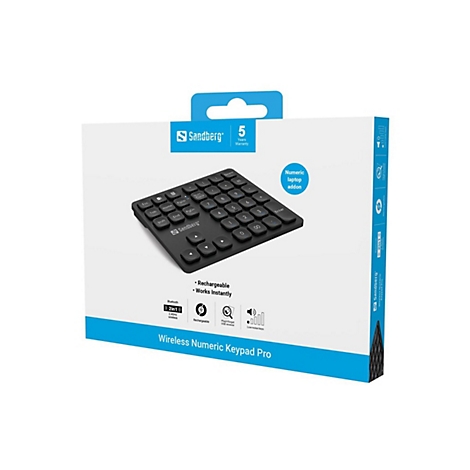 Produktverpackung eines Sandberg Wireless Numeric Keypad Pro vor weißem Hintergrund.
