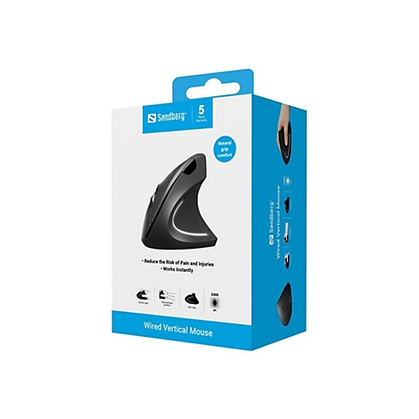 Produktverpackung einer Sandberg kabelgebundenen, ergonomischen Vertikalmaus in Schwarz vor weißem Hintergrund.