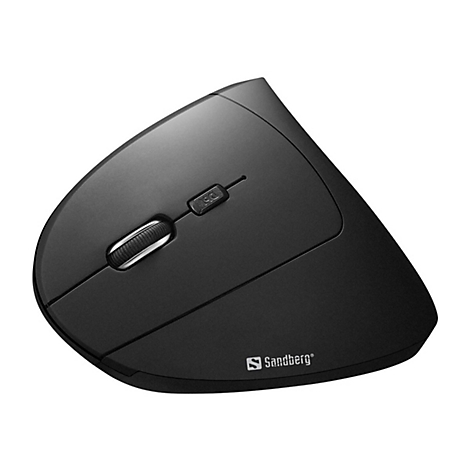 Schwarze vertikale ergonomische Computermaus von Sandberg mit Scrollrad und DPI-Taste auf weißem Hintergrund.