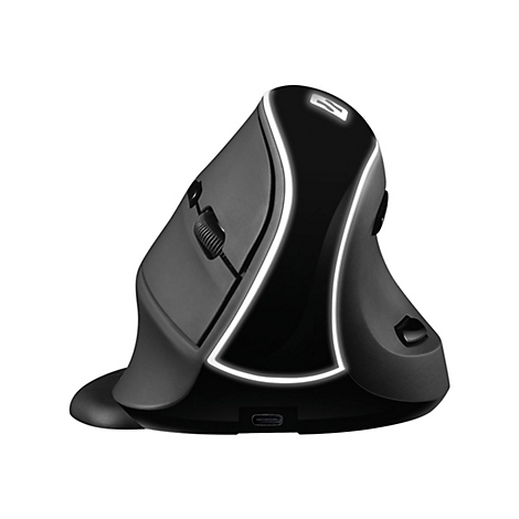 Ergonomische, schwarze Vertikalmaus mit beleuchteten Linien. Sie steht vor weißem Hintergrund.