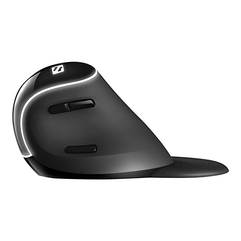 Ergonomische, schwarze Maus. Auf der Oberseite ein Logo und Konturen mit einer hellen Linie. Zwei Tasten auf der Seite.