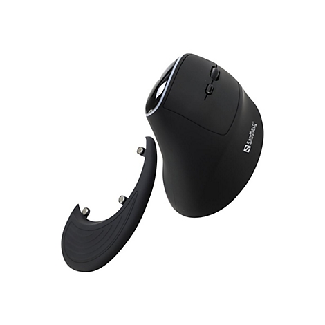 Schwarze ergonomische Maus mit abnehmbarer Handballenauflage, Marke Sandberg.