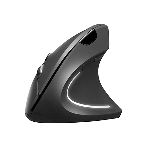 Ergonomische, schwarze Maus. Seitlich abgerundeter Sockel mit weißem Lichtband.