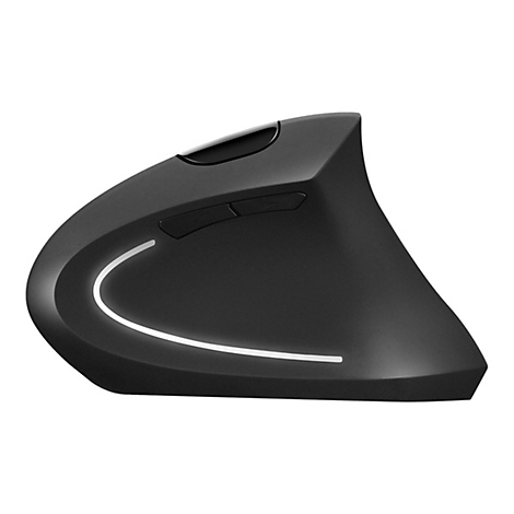 Ergonomische, schwarze Maus. Auf der Oberseite befinden sich zwei Knöpfe und ein Scrollrad, unterhalb ein weißes Leuchtband.