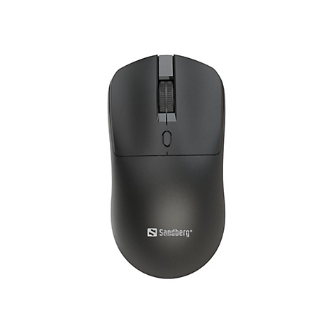 Draufsicht auf eine schwarze Computermaus der Marke Sandberg.