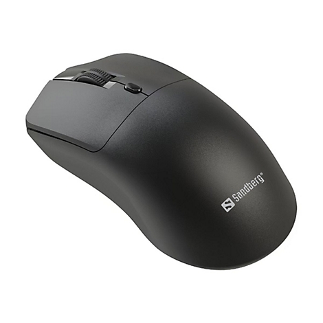 Schwarze Computermaus von Sandberg mit Scrollrad und Logo.