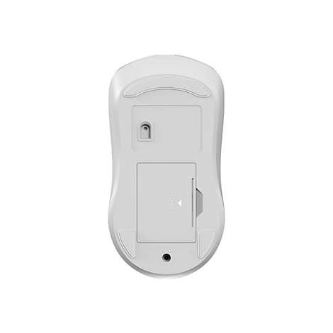 Draufsicht auf eine weiße Mausunterseite mit Batteriefach, Gleitfüßen und einem kleinen Loch.