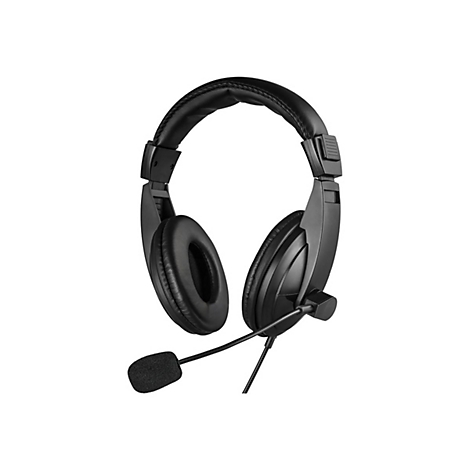 Schwarzes Headset mit gepolstertem Kopfbügel, Ohrmuscheln und schwenkbarem Mikrofon vor weißem Hintergrund.