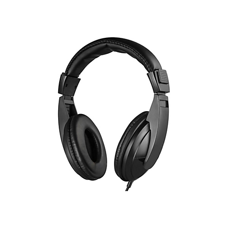 Schwarzer Kopfhörer, frontal abgebildet, Ohrmuscheln und Kopfbügel sind gepolstert, Kabelanschluss.