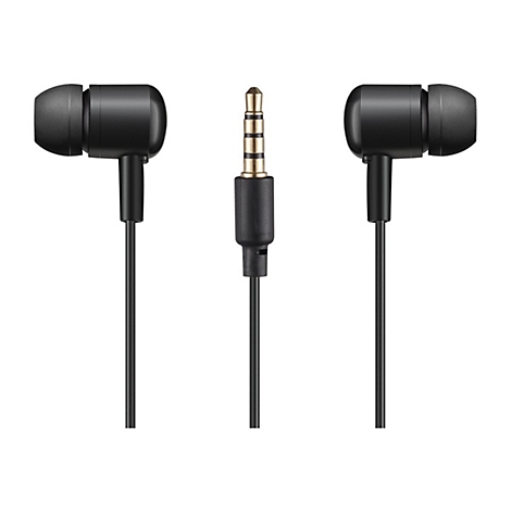 Schwarze In-Ear-Kopfhörer mit Klinkenstecker vor weißem Hintergrund.
