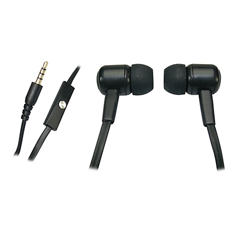 Schwarze In-Ear-Kopfhörer mit Klinkenstecker und Kabelfernbedienung, auf weißem Hintergrund.