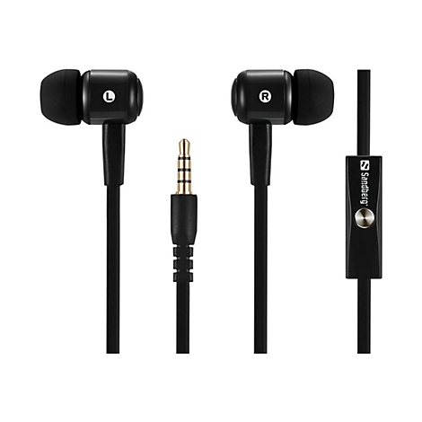 Schwarze In-Ear-Kopfhörer mit 'L' und 'R' Kennzeichnung, Klinkenstecker und In-Line-Fernbedienung mit Sandberg Logo.