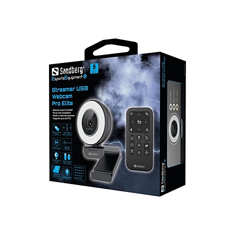 Webcam in Originalverpackung. Aufdruck: Streamer USB Webcam Pro Elite, Fernbedienung, 5 Jahre Garantie.