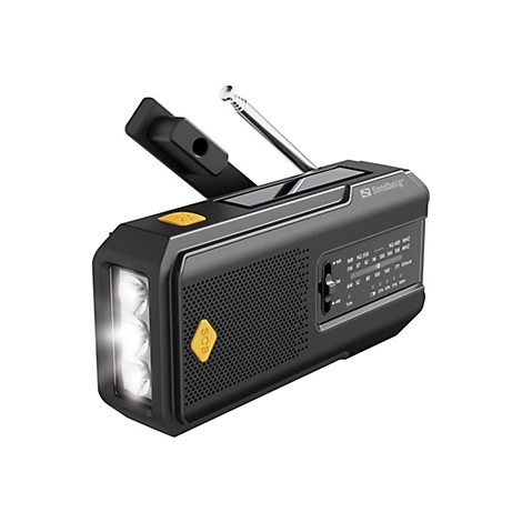 Schwarzes Notfallradio mit integrierter LED-Leuchte, SOS-Taste und ausziehbarer Antenne. Aufschrift: Sandberg.
