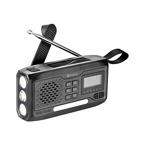 Schwarzes Solar-Radio mit Antenne und LED-Leuchten. Es hat Knöpfe, ein Display und eine Trageschlaufe.