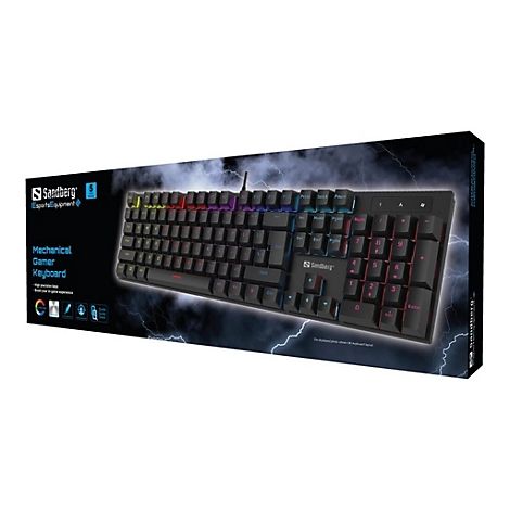 Sandberg mechanische Gaming-Tastatur mit RGB-Beleuchtung auf der Verpackung vor einem Blitz-Hintergrund.