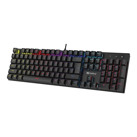 Schwarze mechanische Tastatur mit bunten Tastenbeleuchtungen. Auf den Tasten sind Buchstaben, Zahlen und Sonderzeichen zu sehen. Das Sandberg Logo ist am unteren Rand zu erkennen.