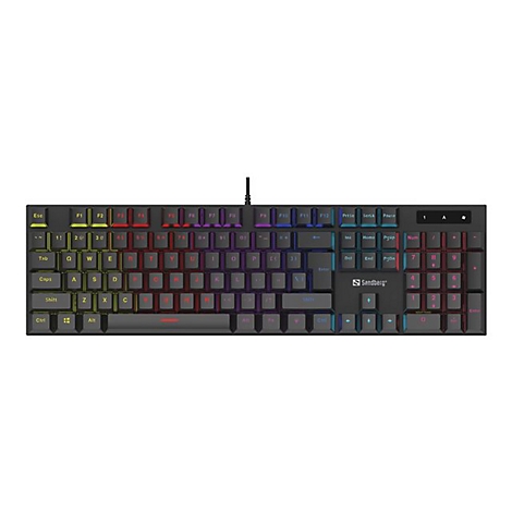Schwarze Gaming-Tastatur, beleuchtete Tasten in Regenbogenfarben, Sandberg-Logo.