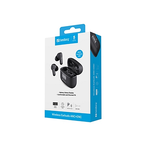 Produktverpackung mit schwarzen Sandberg Wireless Earbuds. Die Verpackung ist weiß und blau, zeigt Produktmerkmale und das Sandberg Logo.