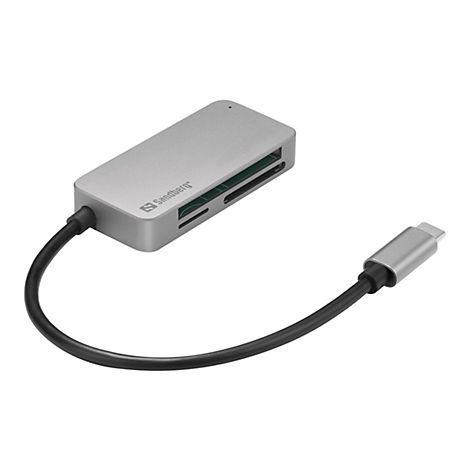 Silberner USB-C-Hub mit schwarzem Kabel, von Sandberg. Hub mit Kartenlesern und Anschluss.