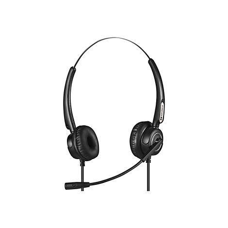 Schwarzes Headset mit Ohrmuscheln und Mikrofon. Der Bügel trägt den Schriftzug "Sandberg".