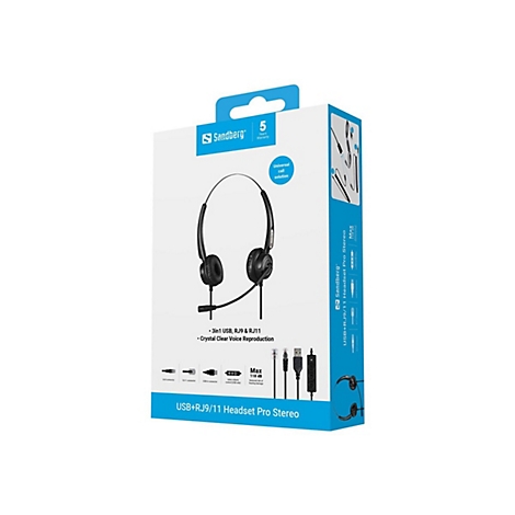 Sandberg USB+RJ9/11 Headset Pro Stereo in Verpackung mit Anschlüssen und Produktinformationen.